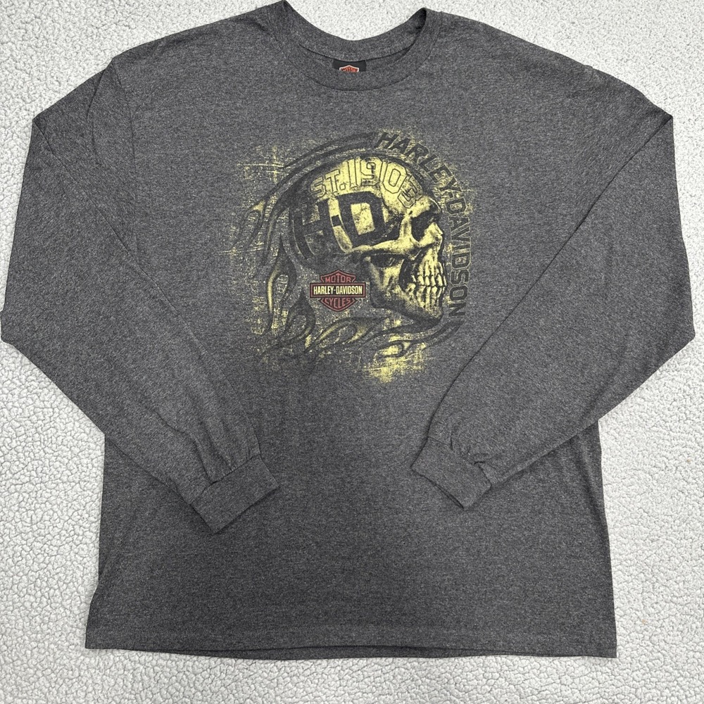 Harley-Davidson Long Sleeve Skull T-Shirt Men XL Grey Flames Lansing Michigan